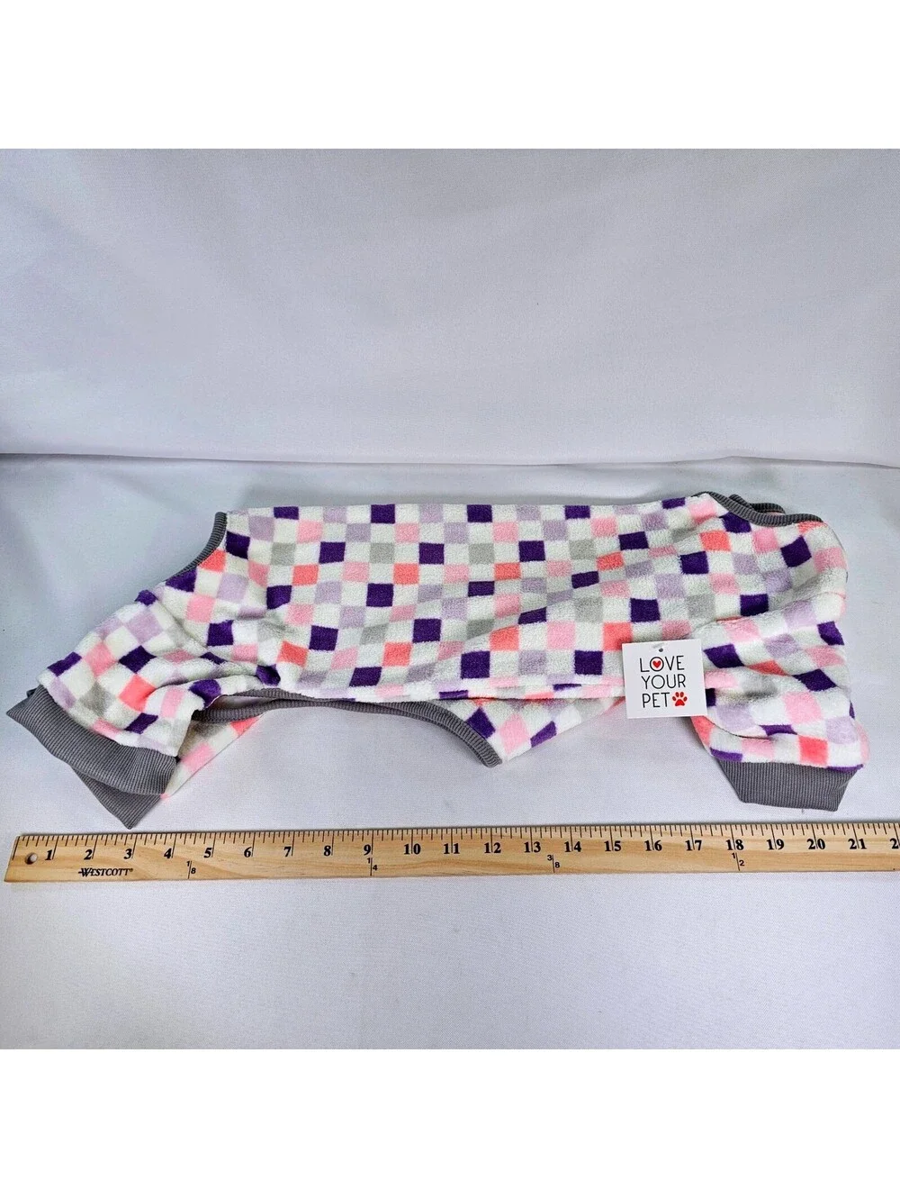 Love Your Pet Fleece Dog Pajamas Checkered Purple Pink White Grey NWT Small